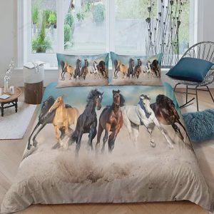 3D Horse Cover Set for Kids Running Horses Bedding Set Decorative Wild Animal Pattern 3 Piece Size Duvet Cover with Pillowcases Zipper